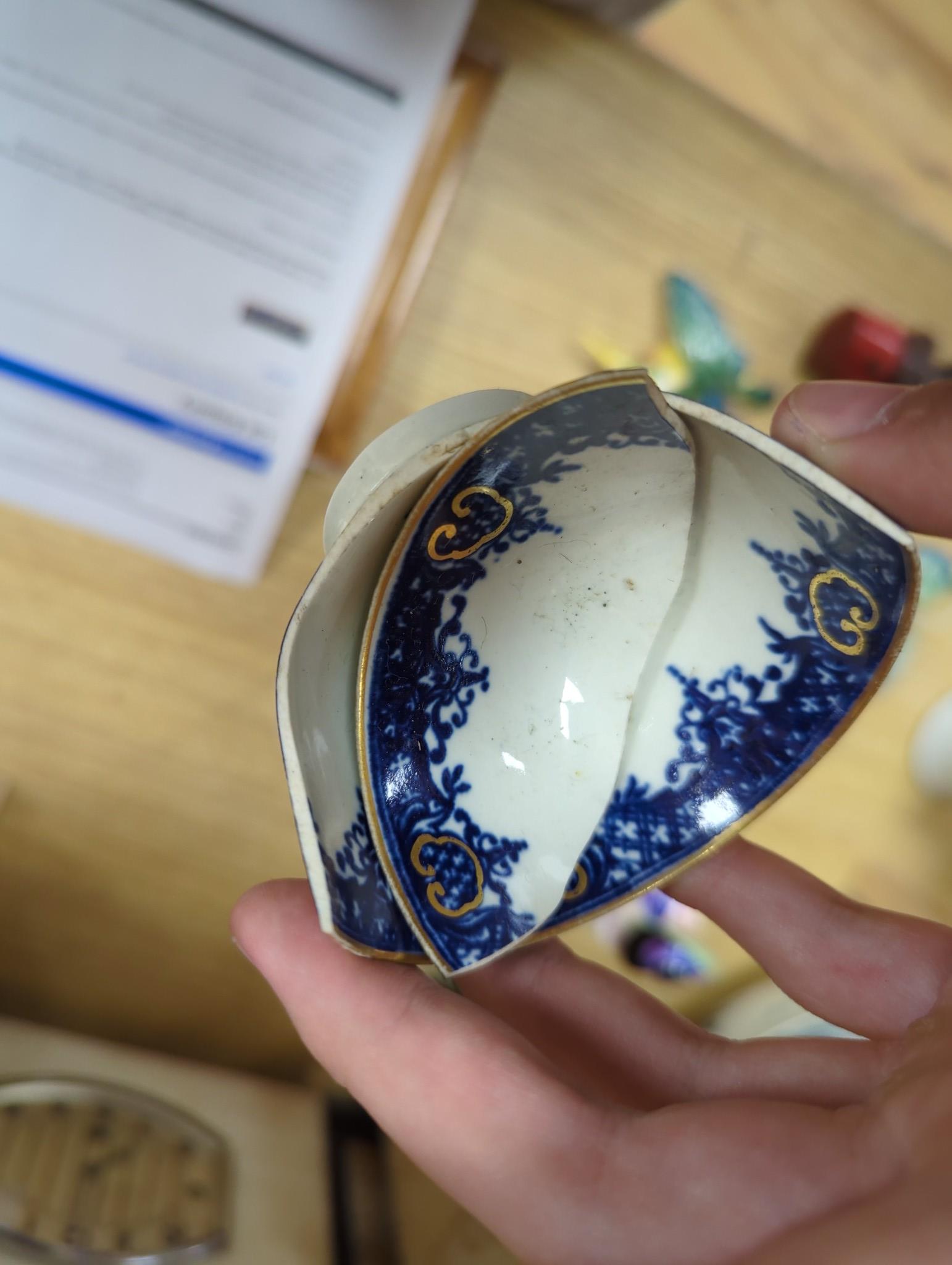 A large group of 18th century Worcester, Caughley and Liverpool blue and white tea bowls, coffee cups and saucers etc. including a Bow Cross-Legged Man